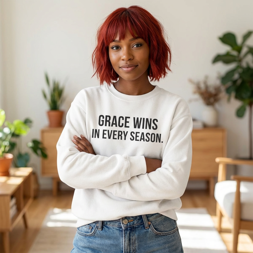 Grace Wins Crewneck Sweatshirt — "Grace Wins In Every Season" Inspirational Pullover