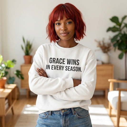 Grace Wins Crewneck Sweatshirt — "Grace Wins In Every Season" Inspirational Pullover