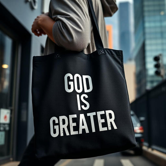 God Is Greater Tote Bag - Black - Christian faith apparel by Micaclothings